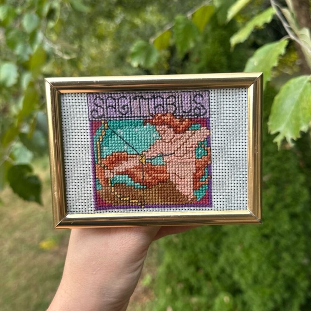 Sagittarius Zodiac Needlepoint Framed Wall Art Gold Frame Cross Stitch